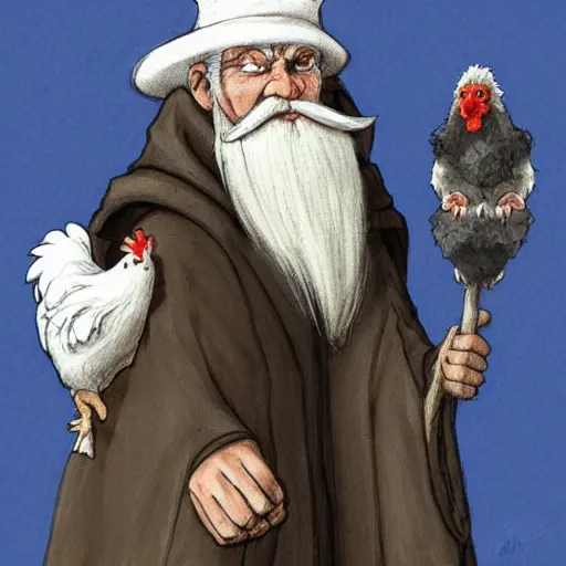 Image similar to character concept art of a kind old wizard with a long white beard looking a confused, holding a pet chicken perched top of his hat, wearing a blue robe, blue eyes, realistic, detailed, trending on ArtStation, by John Howe