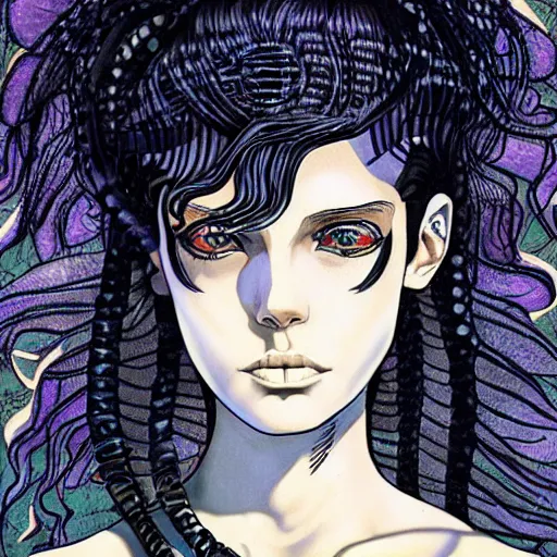 Image similar to the non-binary deity of Spring, she resembles a mix of Grimes, Aurora Aksnes, and Zoë Kravitz, in a style blend of Botticelli and Æon Flux, stunningly detailed artwork