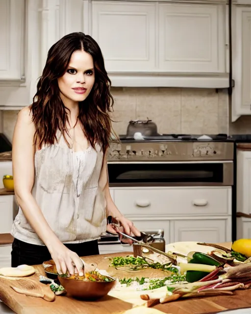 Image similar to photoshoot of actress rachel bilson cooking a meal, 8 k, photorealistic, shot in the style of annie leibovitz