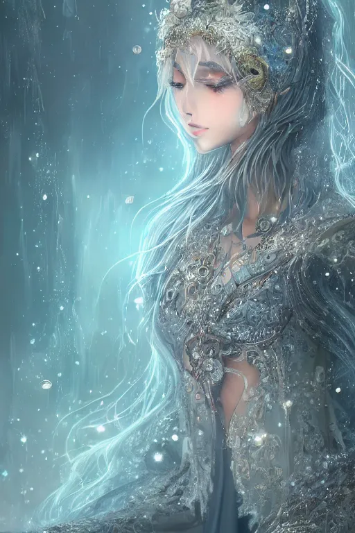 Image similar to a moon wizard dressed in intricate silver clothing surrounded by water particles above a serene pond, fantasy, wlop, trending on artstation, deviantart, anime key visual, official media, professional art, 8 k uhd