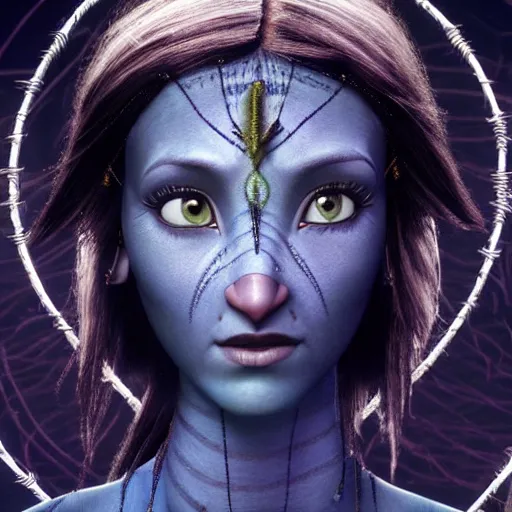 Image similar to a blue - skinned female navi from avatar wrapped in barbed wire, high resolution film still, hdr color, movie by james cameron