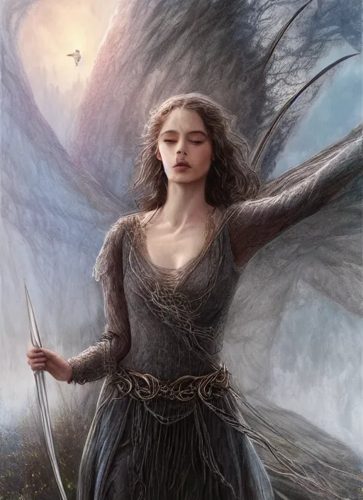 Image similar to full body portrait of a beautiful women with wings of lace in a lord of the rings scenery landscape, by artgerm, sunny day, highly detailed, perfect lighting, perfect composition, 4 k, by alan lee, by derek zabrocki, by greg rutkowski