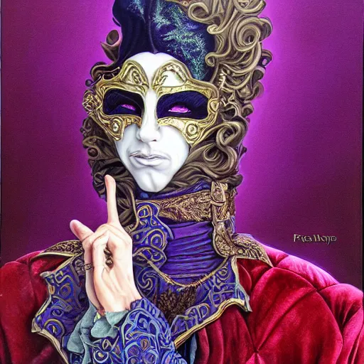 Image similar to Prince wearing venetian mask portait, ornate, flowing velvet robes, illustration by Michael Whelan and Pete Lyon, fantasy art, visionary art, acrylic painting, smooth blending