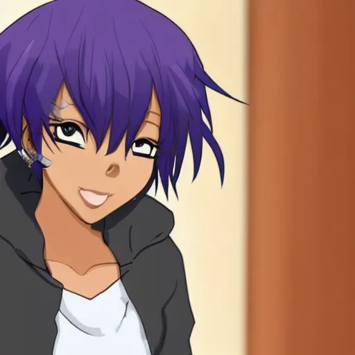 Image similar to a dark skinned anime tomboy with short purple hair