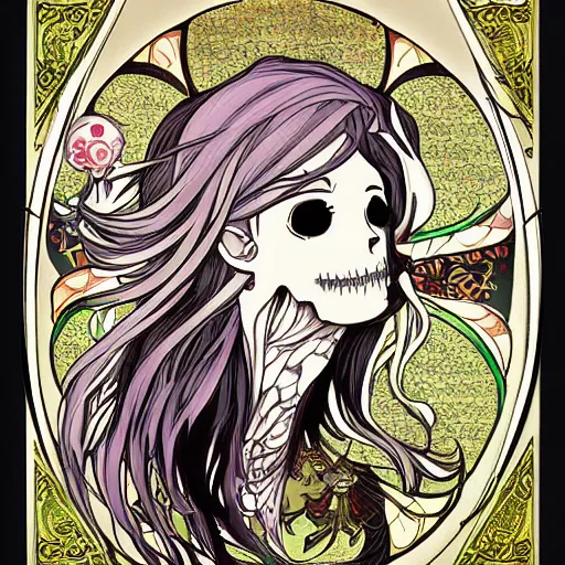 Image similar to anime manga skull portrait marvel young woman angel fairytale profile skeleton illustration style by Alphonse Mucha pop art nouveau