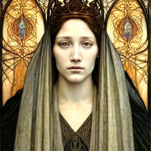 Image similar to detailed realistic beautiful young medieval queen face portrait by jean delville and marco mazzoni, art nouveau, symbolist, visionary, gothic, pre - raphaelite