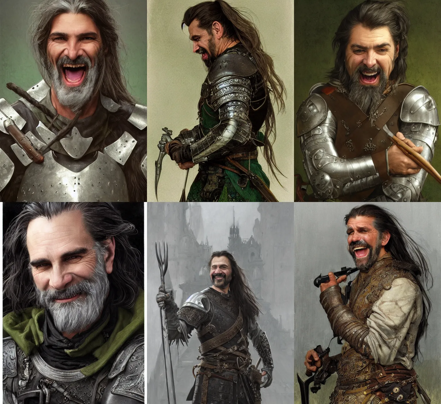 Prompt: medium-length portrait of a male hunter with long dark gray hair in a ponytail, a scraggly goatee, white skin, gray eyes, laughing eyes, intricate gray-green leather armor, medieval setting, highly detailed, digital painting, artstation, concept art, sharp focus, illustration, art by greg rutkowski + alphonse mucha + greg hildebrandt