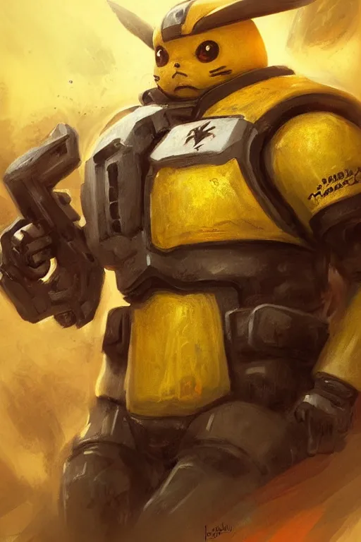 Image similar to portrait of pikachu as an imperial fists space marine, 4 0 k, concept art by john singer sargent, greg rutkowski, adrian smith, trending on artstation