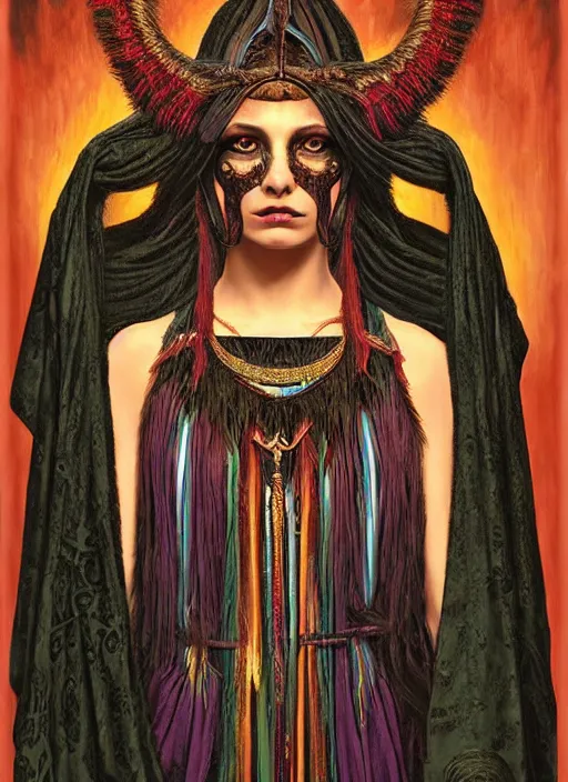 Image similar to Ayahuasca tripping cult magic psychic woman, subjective consciousness psychedelic, epic occult ritual symbolism story iconic, dark witch headdress, oil painting, robe, symmetrical face, greek dark myth, by John William Godward, Jason A Engle, Anna Dittman, masterpiece