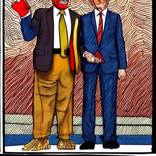 Image similar to !dream The Artwork of R. Crumb and his Cheap Suit Donald Trump and Jared Kushner, pencil and colored marker artwork, trailer-trash lifestyle