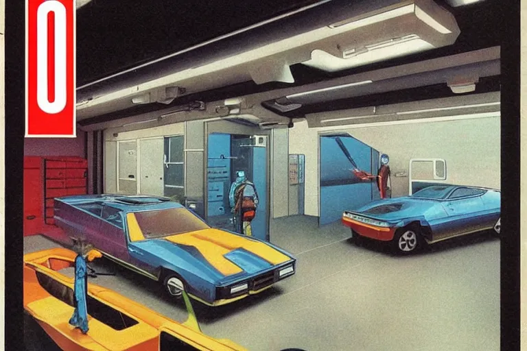 Image similar to 1979 OMNI Magazine Cover depicting a garage car-lift and a surgery room. Cyberpunk Akira style by Vincent Di Fate