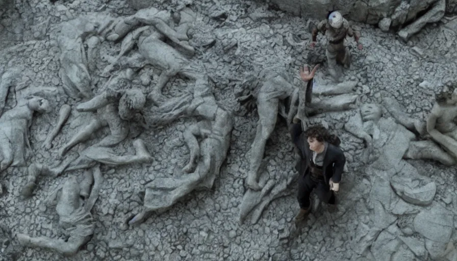 Prompt: tribute sculpture of elijah wood as frodo, cnn news footage taken from above.