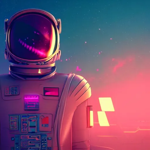 Prompt: synthwave astronaut face with neon eyes detailed face, sharp focus, synthwave art, aesthetic, octane render, raw, cinematic