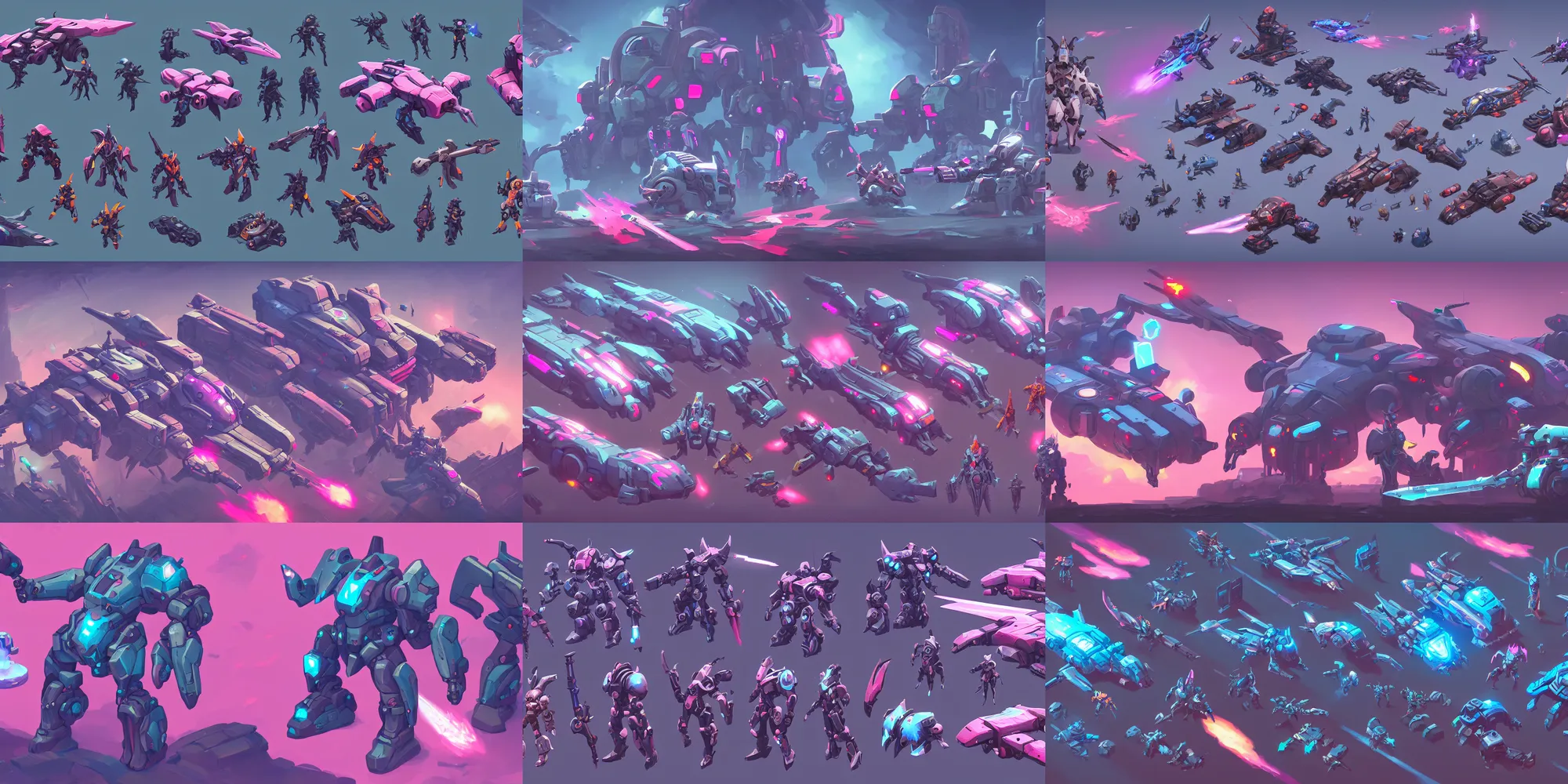 Prompt: game asset of vehicles and mech and spaceship dark fantasy, big medium small, in gouache detailed paintings, props, stylized, 2 d sprites, kitbash, arcane, overwatch, blue and pink color scheme, 8 k, close up