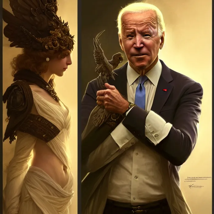 Prompt: President Joe Biden, diffuse lighting, fantasy, intricate, elegant, highly detailed, lifelike, photorealistic, digital painting, artstation, illustration, concept art, smooth, sharp focus, art by John Collier and Albert Aublet and Krenz Cushart and Artem Demura and Alphonse Mucha