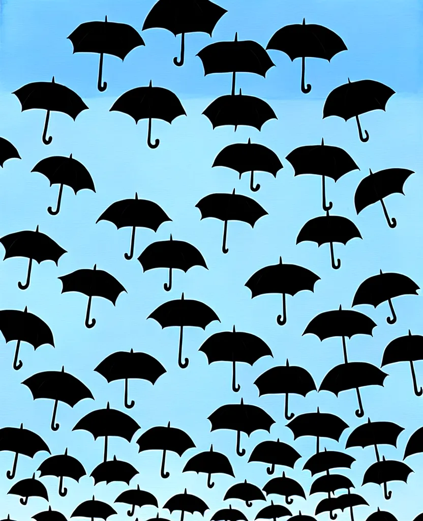 Prompt: oil painting of dozens of black umbrellas against a blue sky.