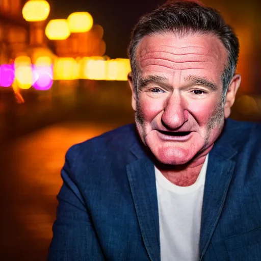 Image similar to a still of Robin Williams. Shallow depth of field. City at night in background, lights, colors ,studio lighting, mood, 4K. Profession photography