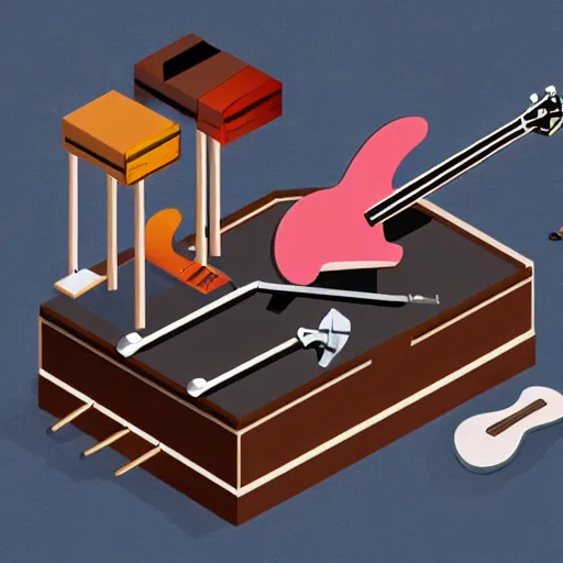 Image similar to isometric view of a large instrument machine, rube goldberg style, made of instruments, guitar, drum, beautiful