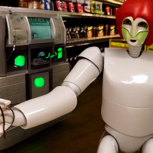 Prompt: pan's labyrinth enraged convenience store robo - cashier