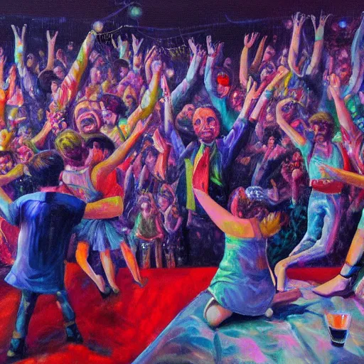 Image similar to a soft comfy bed, on the dancefloor at a disco, oil painting, hyperdetailed