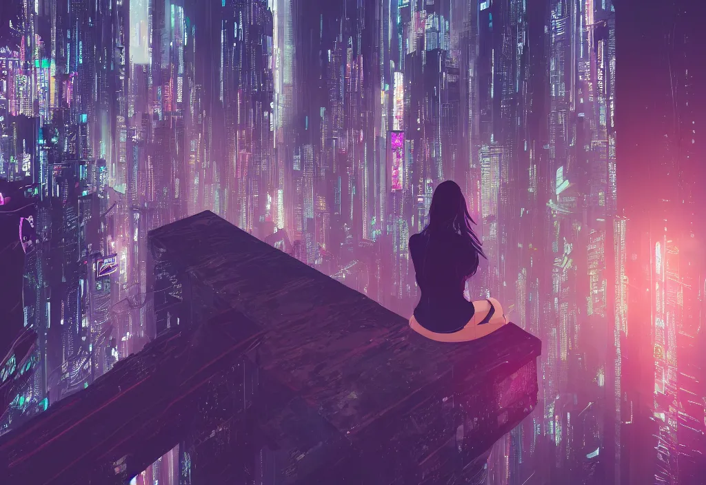 Prompt: a girl, sitting alone on the edge of a skyscraper, looking at the cyberpunk city skyline at night, lit by bright neon futuristic lights, hyperdetailed, 8 k, artstation, matte painting