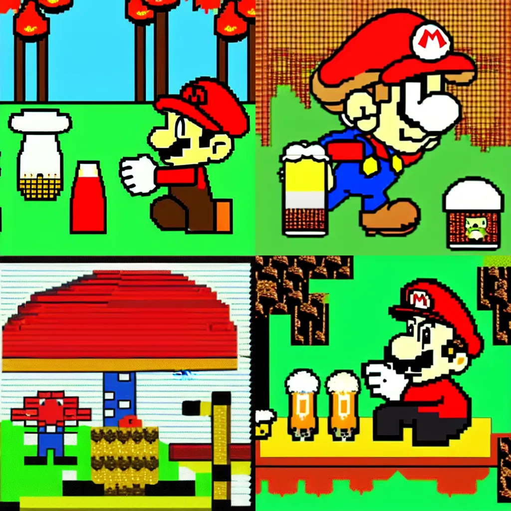 Prompt: beer, drunk mario drinks beer and eat mushroom in forest with mushrooms and big fly agaric, 8 bit, cartoon