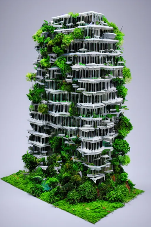 Image similar to 3 d printed physical model organic flowy including more than one city into one vertical building model that sits on a table in a room with a view back, multiple stories, transparent, with vegetation, colorful, eye - level view, 8 0 k, octane render, highly detailed 3 d render,