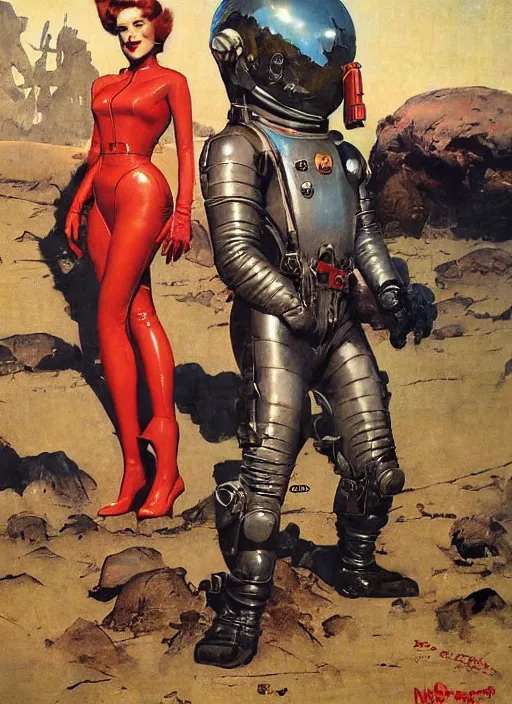 Prompt: martian standing beside elegant lady wearing a latex spacesuit, by norman rockwell, jack kirby, jon berkey, earle bergey, craig mullins, ruan jia, jeremy mann, tom lovell, marvel, astounding stories, 5 0 s pulp illustration, scifi, fantasy