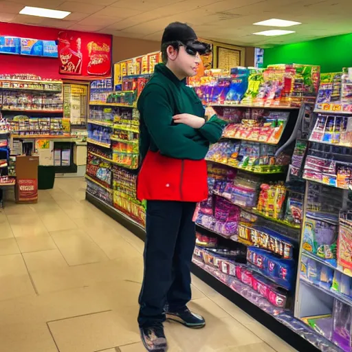 Image similar to Vision superhero working as a 7/11 cashier, wide wide shot, very detailed, hdr photograph, beautiful lighting