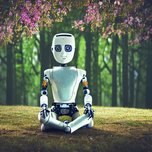 Image similar to professionnal photo of highly detailed robot sitting cross legged with its head pointing down on a small hill in a fantasy forest with blooming trees