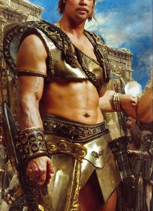 Prompt: a portrait of brad pitt as huge godlike achilles beside the wall of troy, by john berkey and lawrence alma tadema and rick berry and norman rockwel