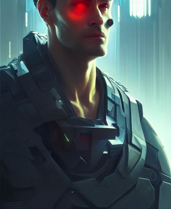 Image similar to futuristic hacker man portrait, sci-fi face, highly detailed, digital painting, artstation, concept art, sharp focus, illustration, art by artgerm and greg rutkowski and alphonse mucha