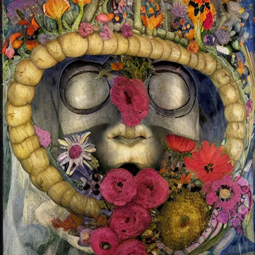 Prompt: closeup of a facemask made of flowers, by annie swynnerton and jean delville and edward hopper and diego rivera and evelyn de morgan and rufino tamayo, dark flower shaman, art brut, outsider art, symbolist, dramatic lighting, god rays, elaborate geometric ornament, clean crisp graphics, smooth sharp focus, extremely detailed, adolf wolfli