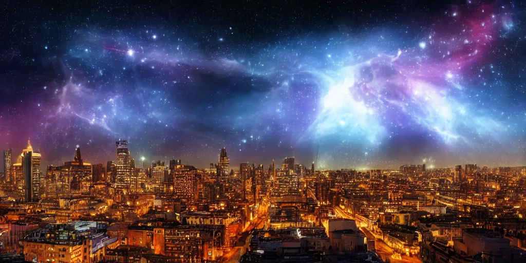 Prompt: a city at night with a beautiful nebula in the sky, photorealistic, high detail