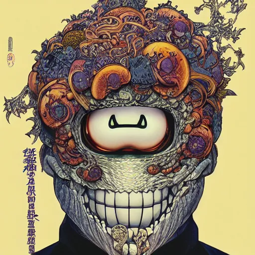 Image similar to portrait of crazy marshmello, symmetrical, by yoichi hatakenaka, masamune shirow, josan gonzales and dan mumford, ayami kojima, takato yamamoto, barclay shaw, karol bak, yukito kishiro