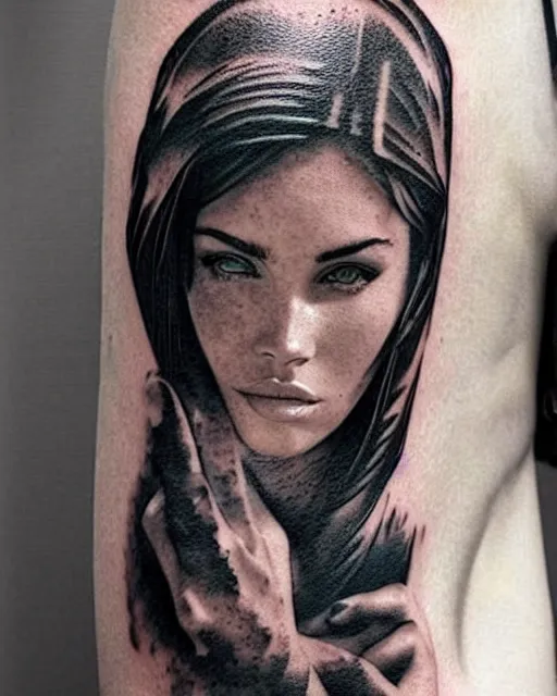 Image similar to creative double exposure effect tattoo design sketch of megan fox faded in beautiful mountain scenery, realism tattoo, in the style of matteo pasqualin, amazing detail, sharp