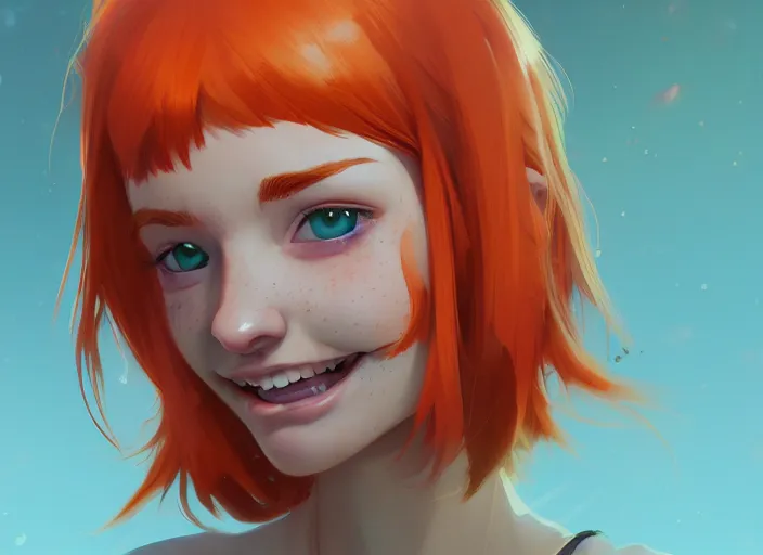 Prompt: portrait of a beautiful smiling girl with orange hair and freckles, green eyes, highly detailed, digital painting, concept art, smooth, sharp, focus, background is purple, anime key visual, ilya kuvshinov, Ross Tran, artstation