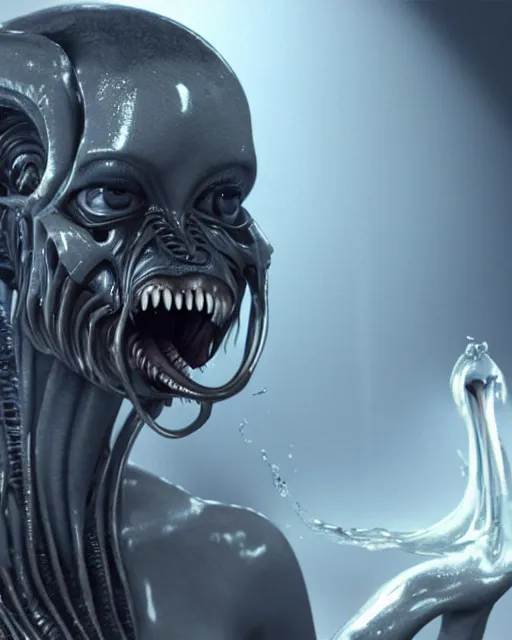 Image similar to cinematic still of kim kardashian being mouth fed by an xenomorph feeding her a transparent alien liquid, wet flowing hair, gooey skin, illustration, unreal engine 5, 8 k, directed by h. r. giger.