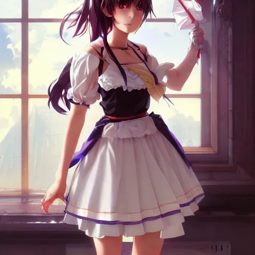 Prompt: anime girl in a maid costume, digital art, sharp focus, attractive features, fullbody portrait, slim figure, illustration, artstation, art by Artgerm and Greg Rutkowski and Alphonse Mucha and WLOP, UHD