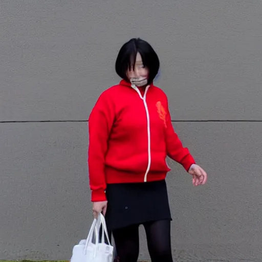 Image similar to chinese canadian woman wearing a red sweatshirt unzipped with a white shirt under it and black skirt with white sneakers.
