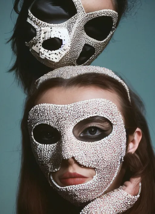 Image similar to a fashion portrait photograph of a woman wearing a mask made of small spheres designed by balenciaga, 3 5 mm, color film camera,