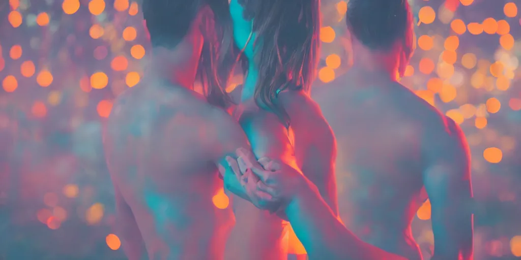 Image similar to a blurry picture of gorgeous human bodies intertwined, long exposure photograph, anamorphic bokeh, orange and cyan lighting, cinematic