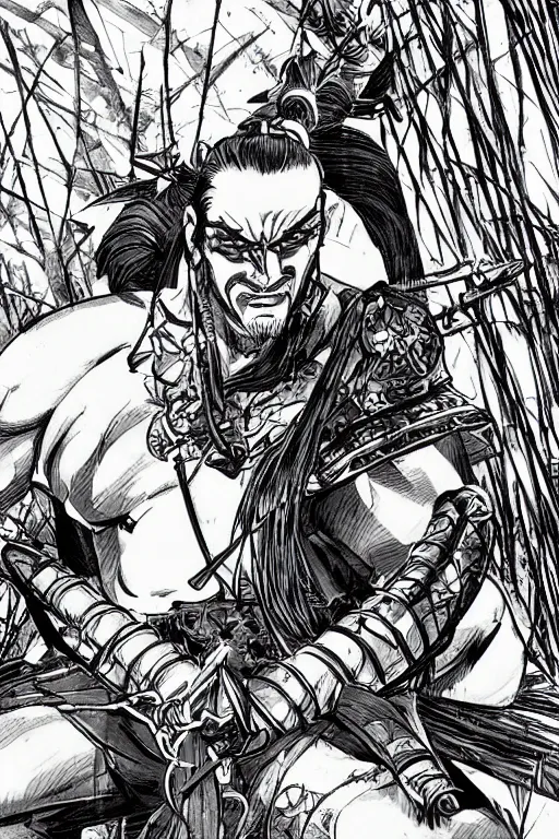 Image similar to close up of samurai warrior in a bamboo forest, by joe madureira and hicham habchi