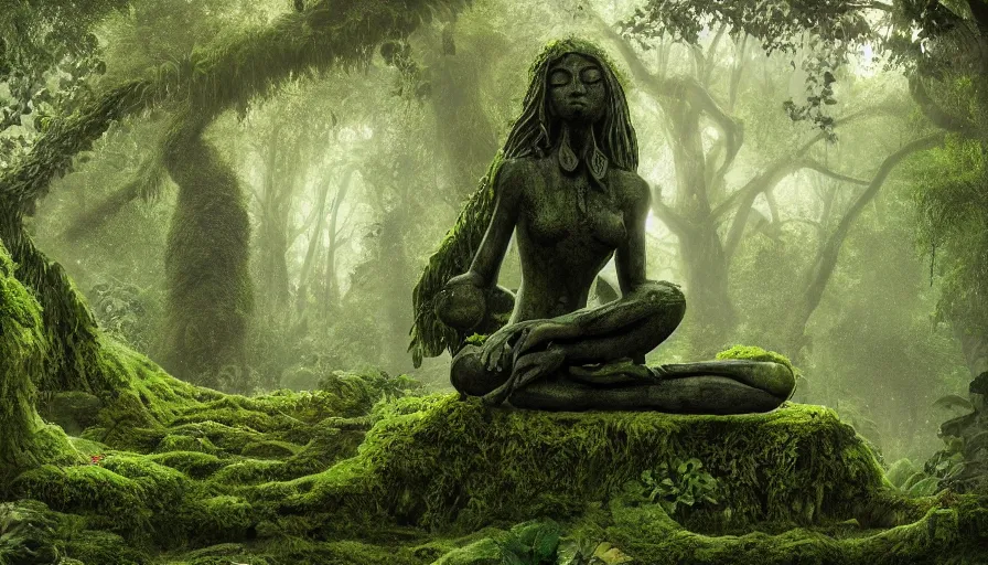 Image similar to concept art of a gargantuan statue of a goddess meditating, deep in the jungle, overgrown, covered in moss, ambient lighting, mist