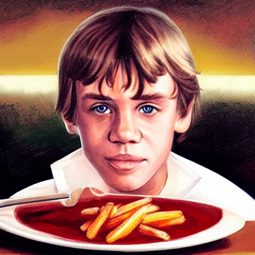 Prompt: portrait young luke skywalker sitting at a denny's restaurant eating a steak covered in ketchup