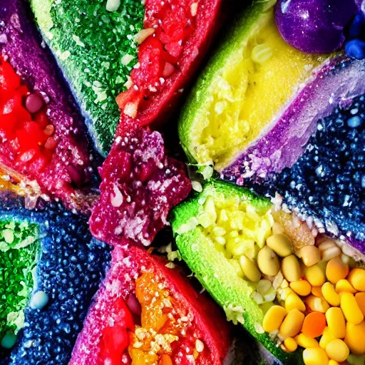 Image similar to 8 k photos of human eats rainbow, uhd details