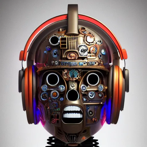 Image similar to a glossy claymodel of a steampunk aztec futurism robot head with glowing headphones, 8 k, symetrical, flourescent colors, halluzinogenic, multicolored, very detailed, black background, 3 d render,