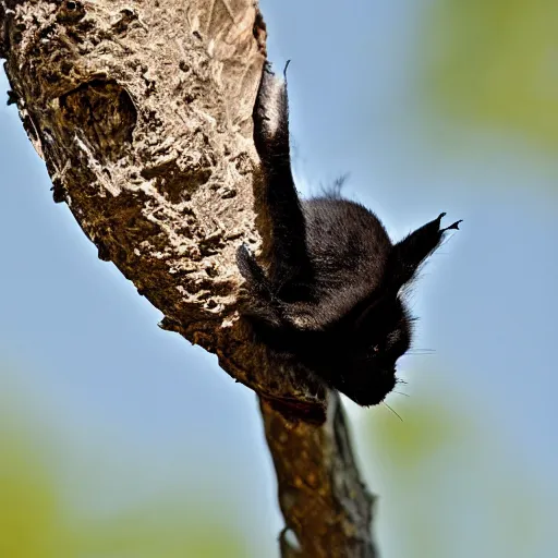 Image similar to a bat kitten, in a tree, wings out, Nikon, telephhoto 200mm