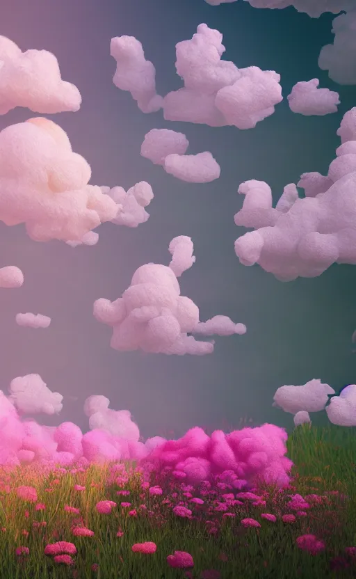 Image similar to flowers as clouds, soft render, volumetric lighting, 3d grainy surreal aesthetic illustration