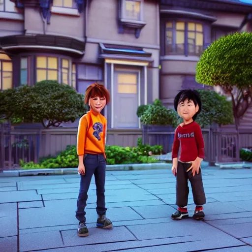 Prompt: hiro and tadashi hamada standing in front of their home in san fransokyo, pixar film, big hero 6, hyper detailed, digital art, trending in artstation, cinematic lighting, studio quality, smooth render, unreal engine 5 rendered, octane rendered